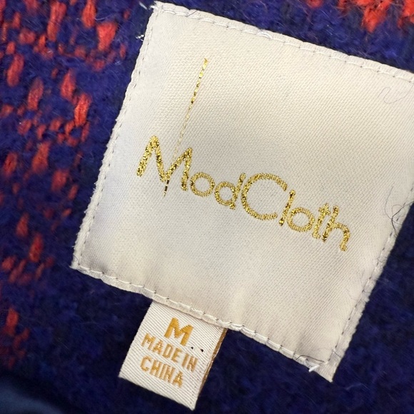 ModCloth Navy Blue Orange Wool Blend Plaid Coat Womens Medium - Picture 3 of 4